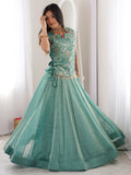 Sparkling Sky-Blue Embroidered Crush Festival Wear Lehenga Choli With Koti