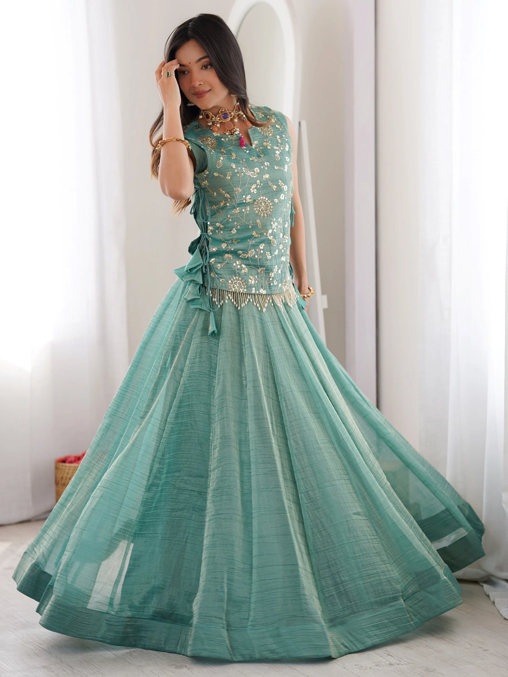 Sparkling Sky-Blue Embroidered Crush Festival Wear Lehenga Choli With Koti