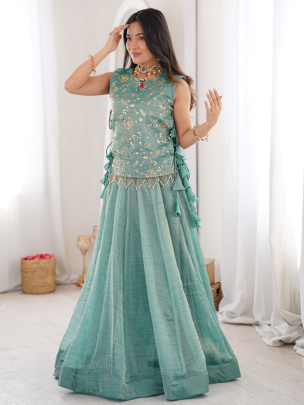 Sparkling Sky-Blue Embroidered Crush Festival Wear Lehenga Choli With Koti