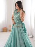 Sparkling Sky-Blue Embroidered Crush Festival Wear Lehenga Choli With Koti