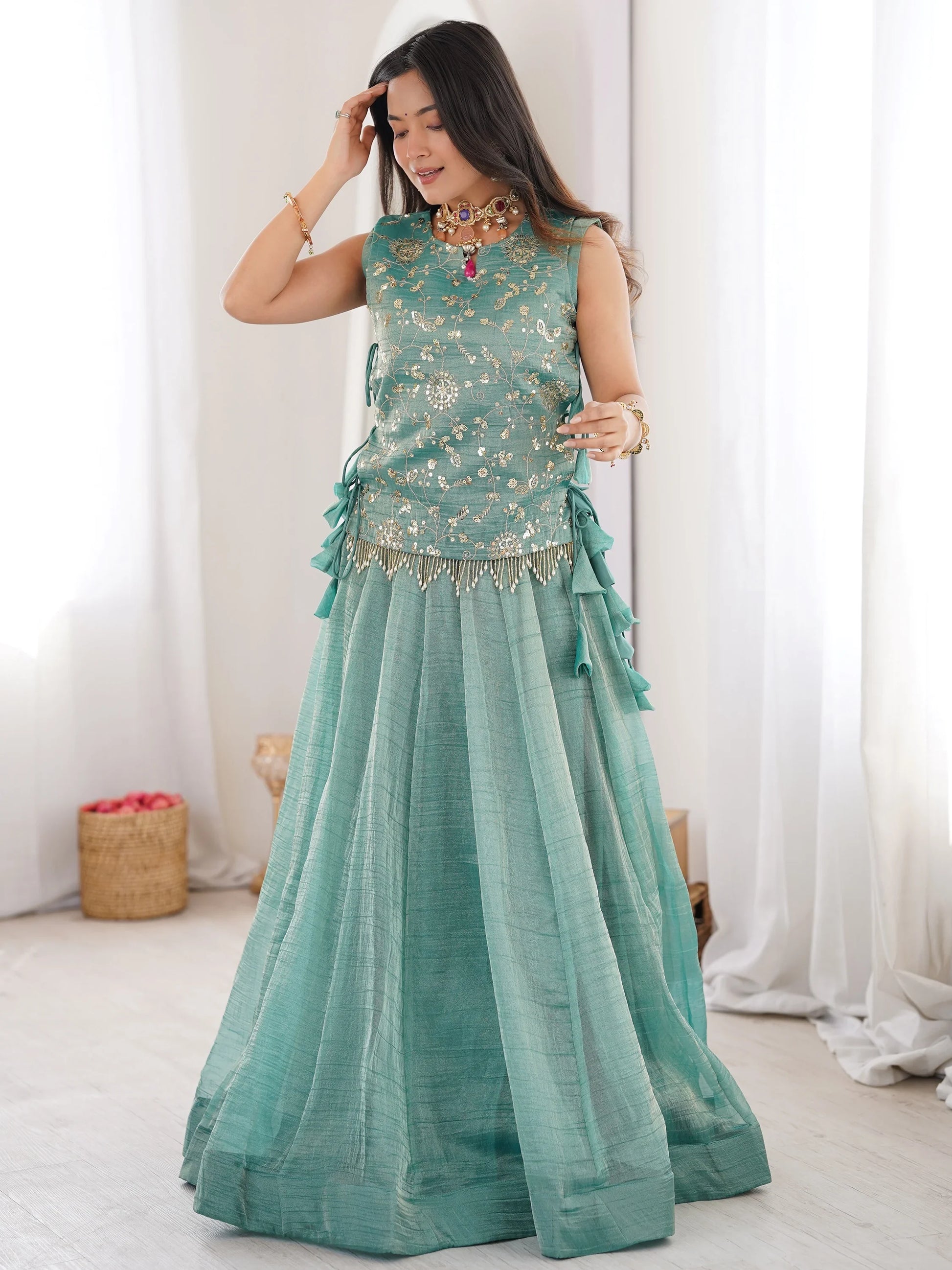 Sparkling Sky-Blue Embroidered Crush Festival Wear Koti Lehenga Choli With Koti