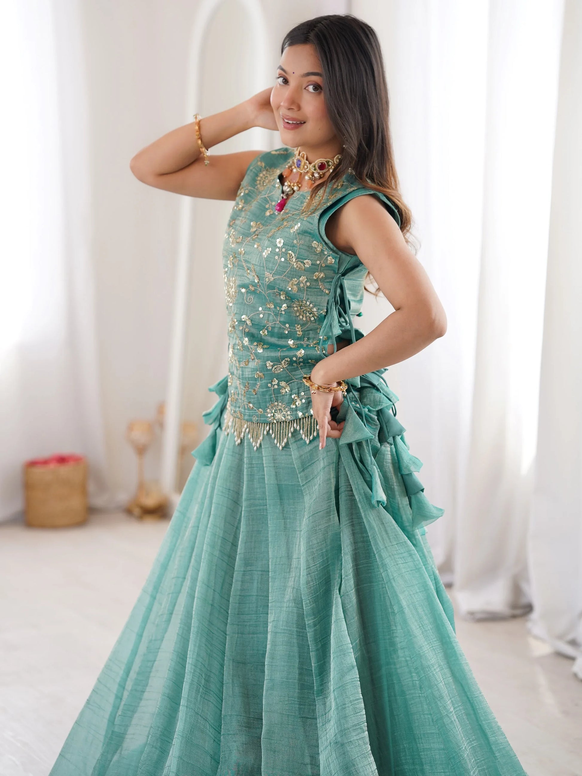 Sparkling Sky-Blue Embroidered Crush Festival Wear Lehenga Choli With Koti