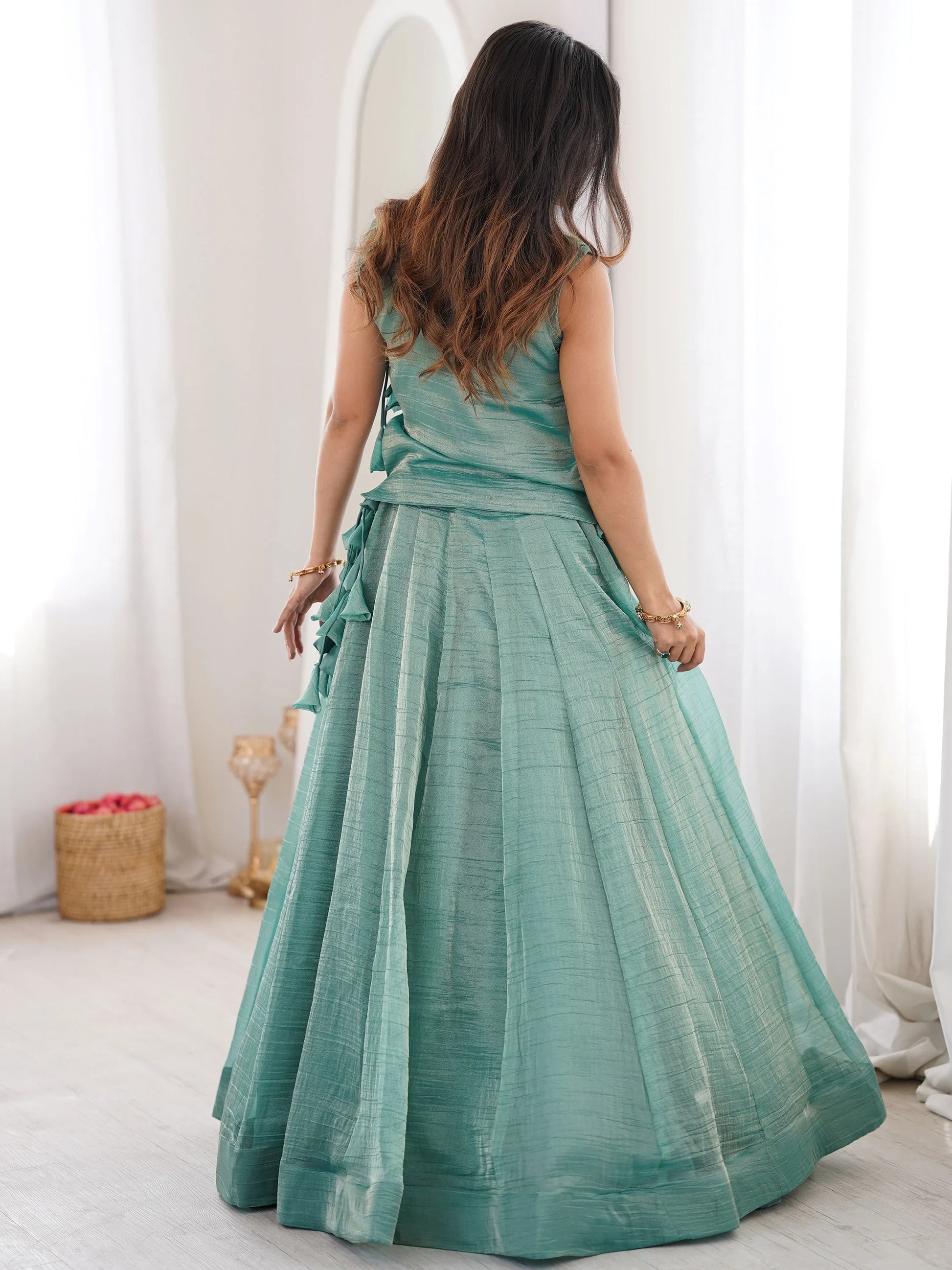 Sparkling Sky-Blue Embroidered Crush Festival Wear Lehenga Choli With Koti