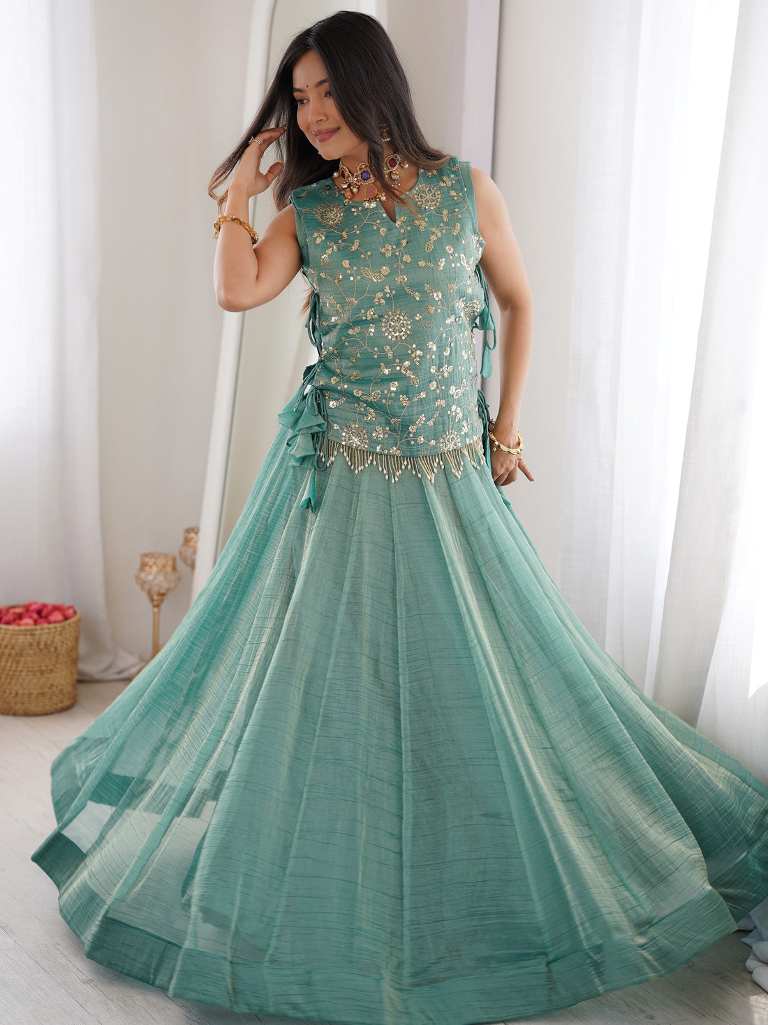 Sparkling Sky-Blue Embroidered Crush Festival Wear Lehenga Choli With Koti