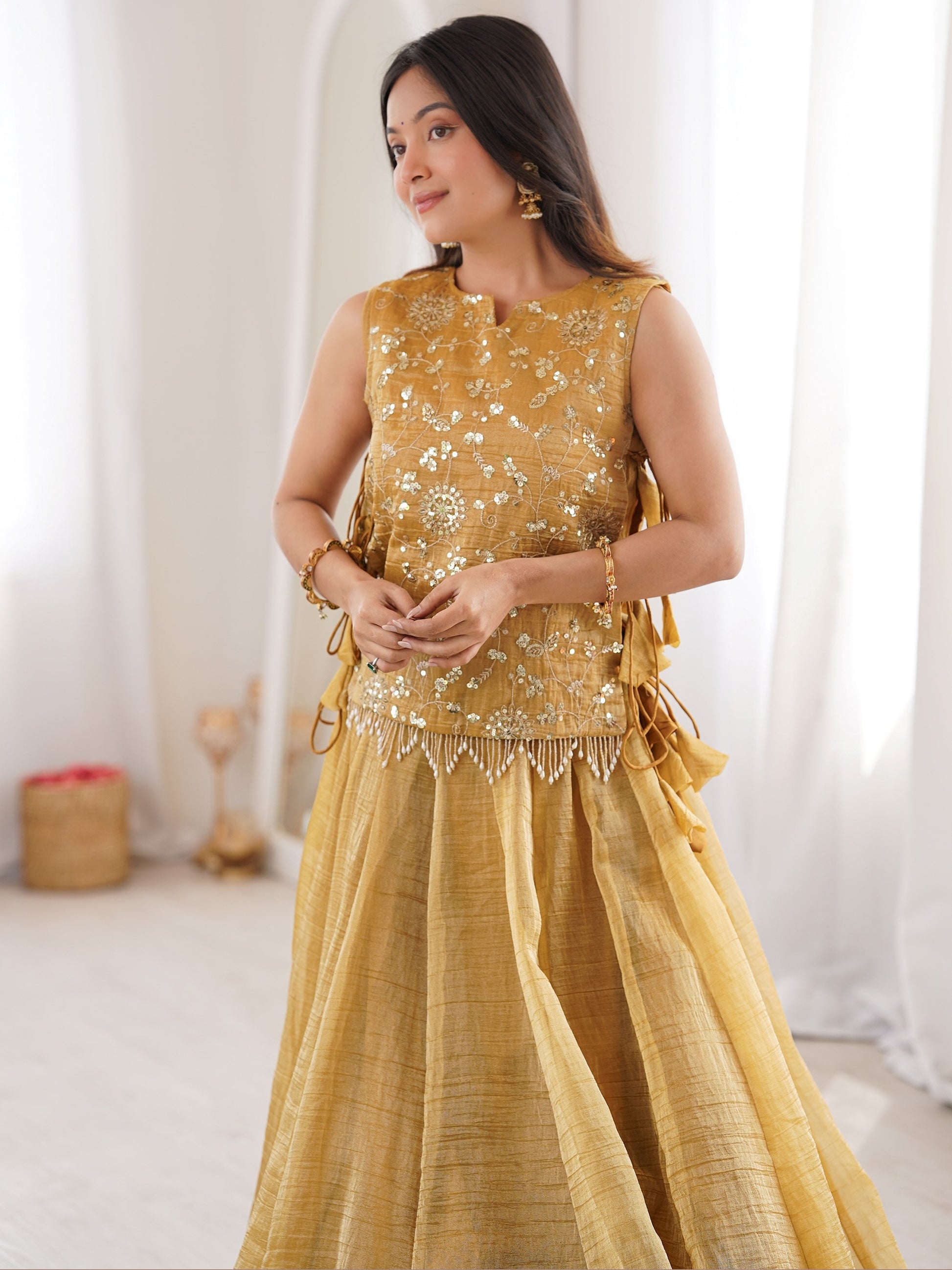 Enchanting Golden Sequins Work Crush Function Wear Lehenga Choli With Koti