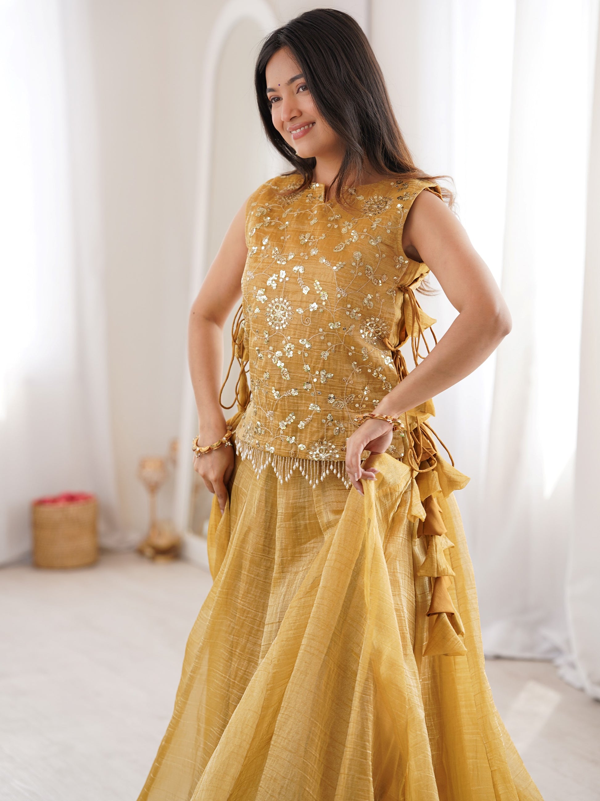 Enchanting Golden Sequins Work Crush Function Wear Lehenga Choli With Koti