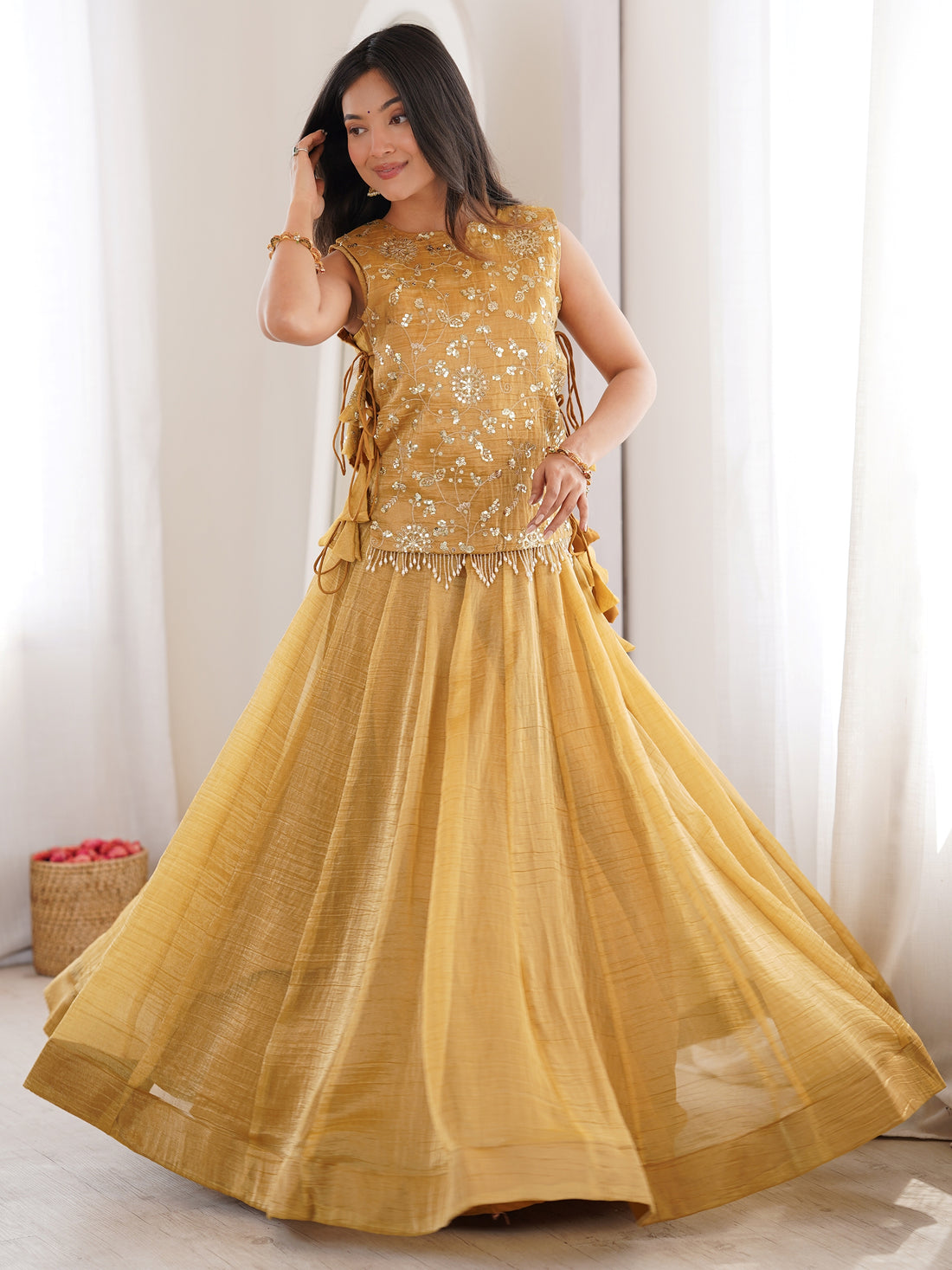 Enchanting Golden Sequins Work Crush Function Wear Lehenga Choli With Koti