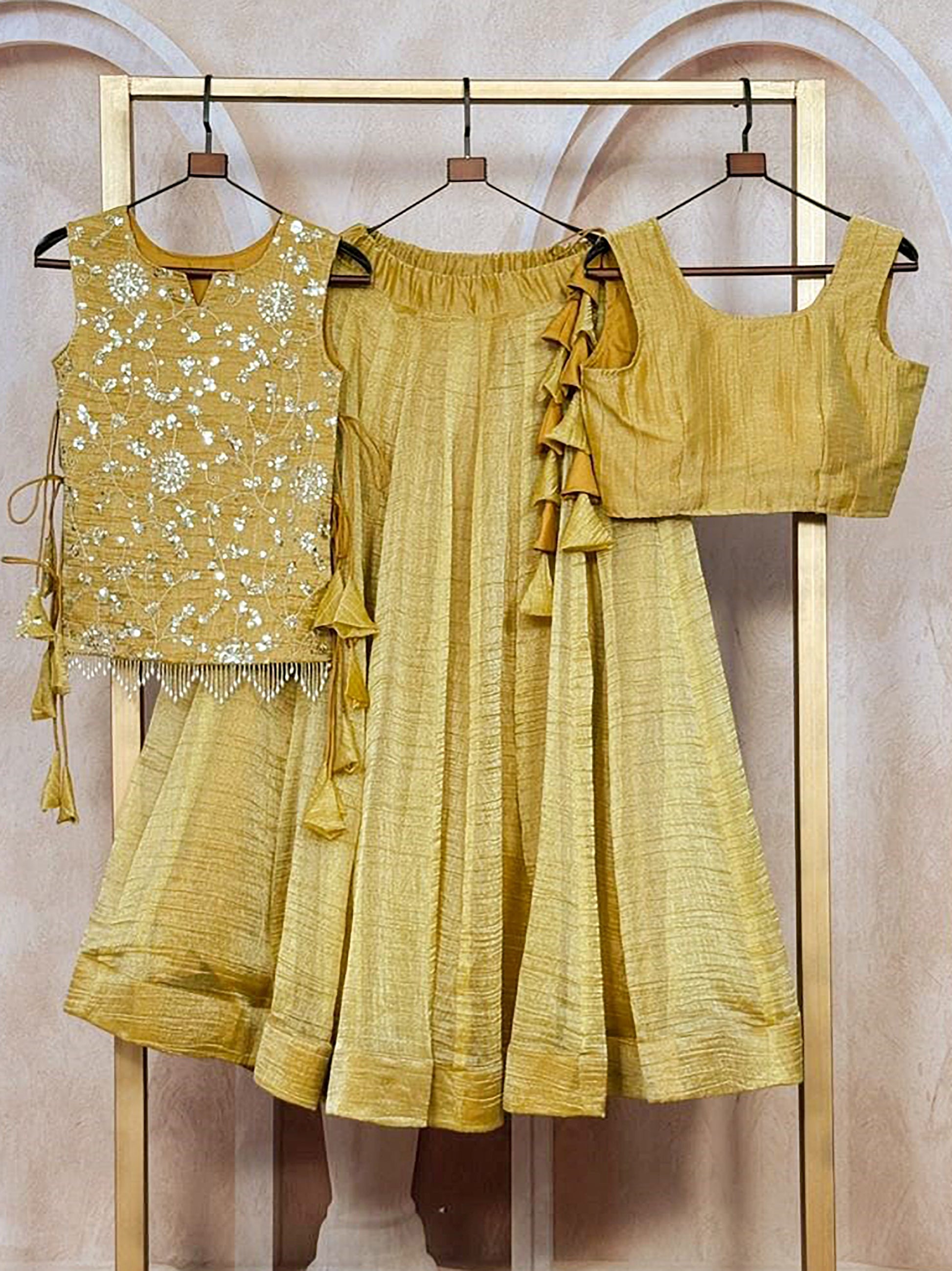 Enchanting Golden Sequins Work Crush Function Wear Lehenga Choli With Koti