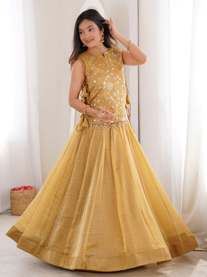 Enchanting Golden Sequins Work Crush Function Wear Lehenga Choli With Koti