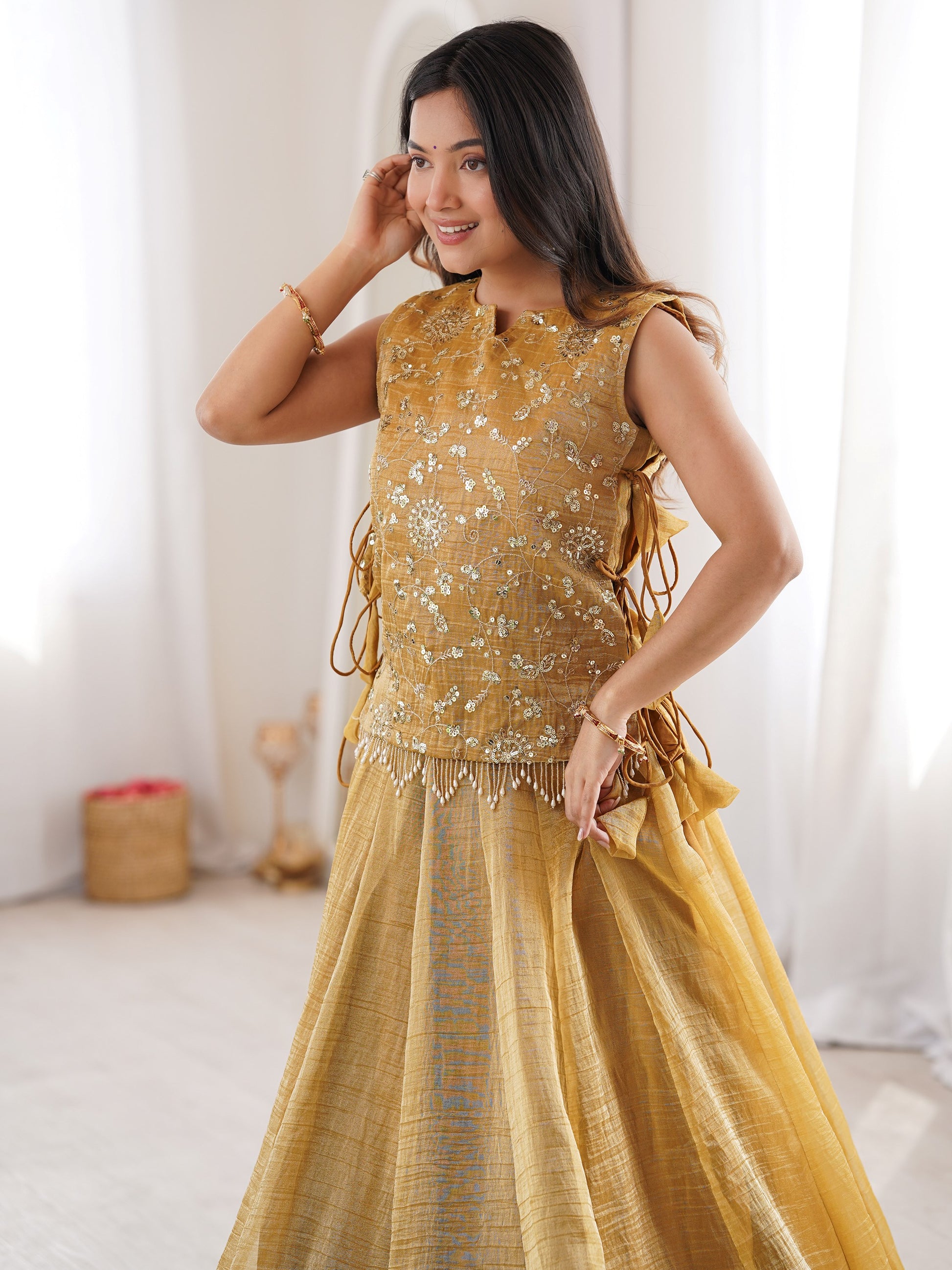 Enchanting Golden Sequins Work Crush Function Wear Lehenga Choli With Koti