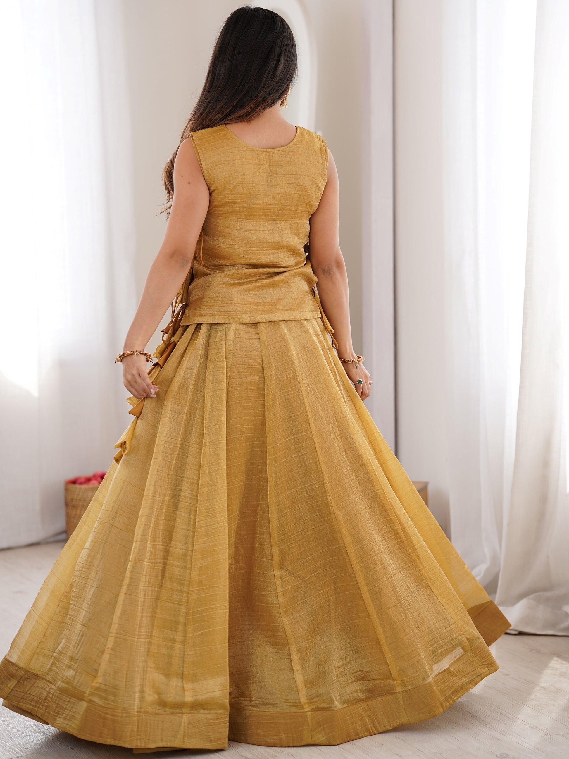 Enchanting Golden Sequins Work Crush Function Wear Lehenga Choli With Koti
