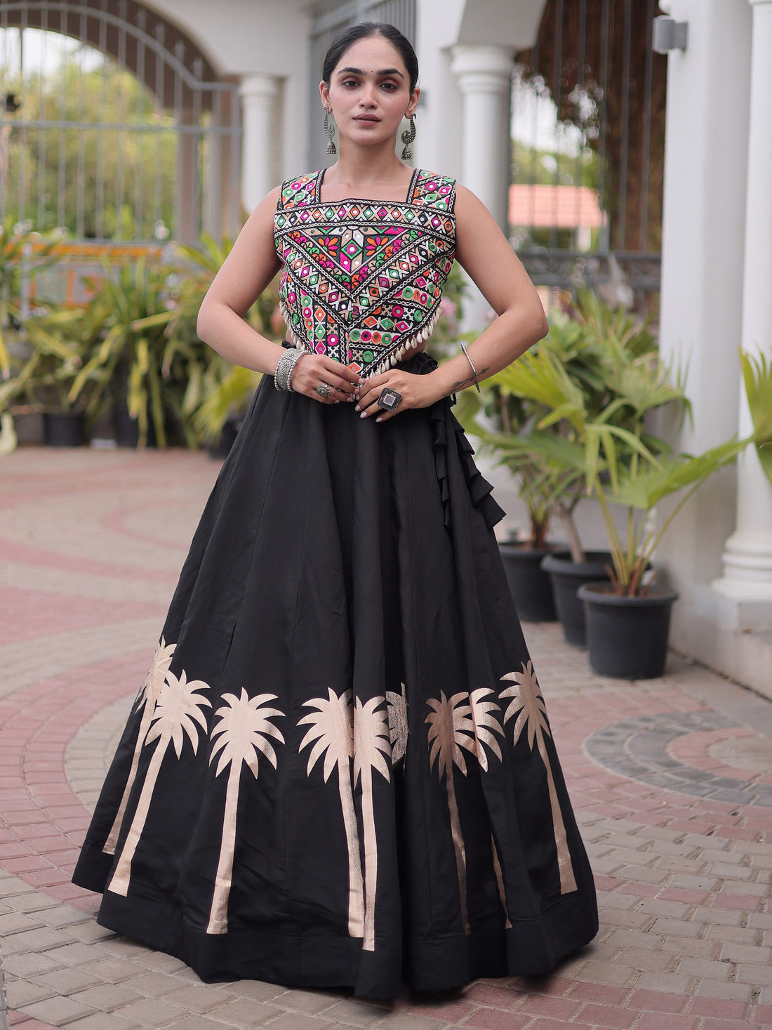 Amazing Black Gamthi Work Silk Navratri Wear Lehenga Choli