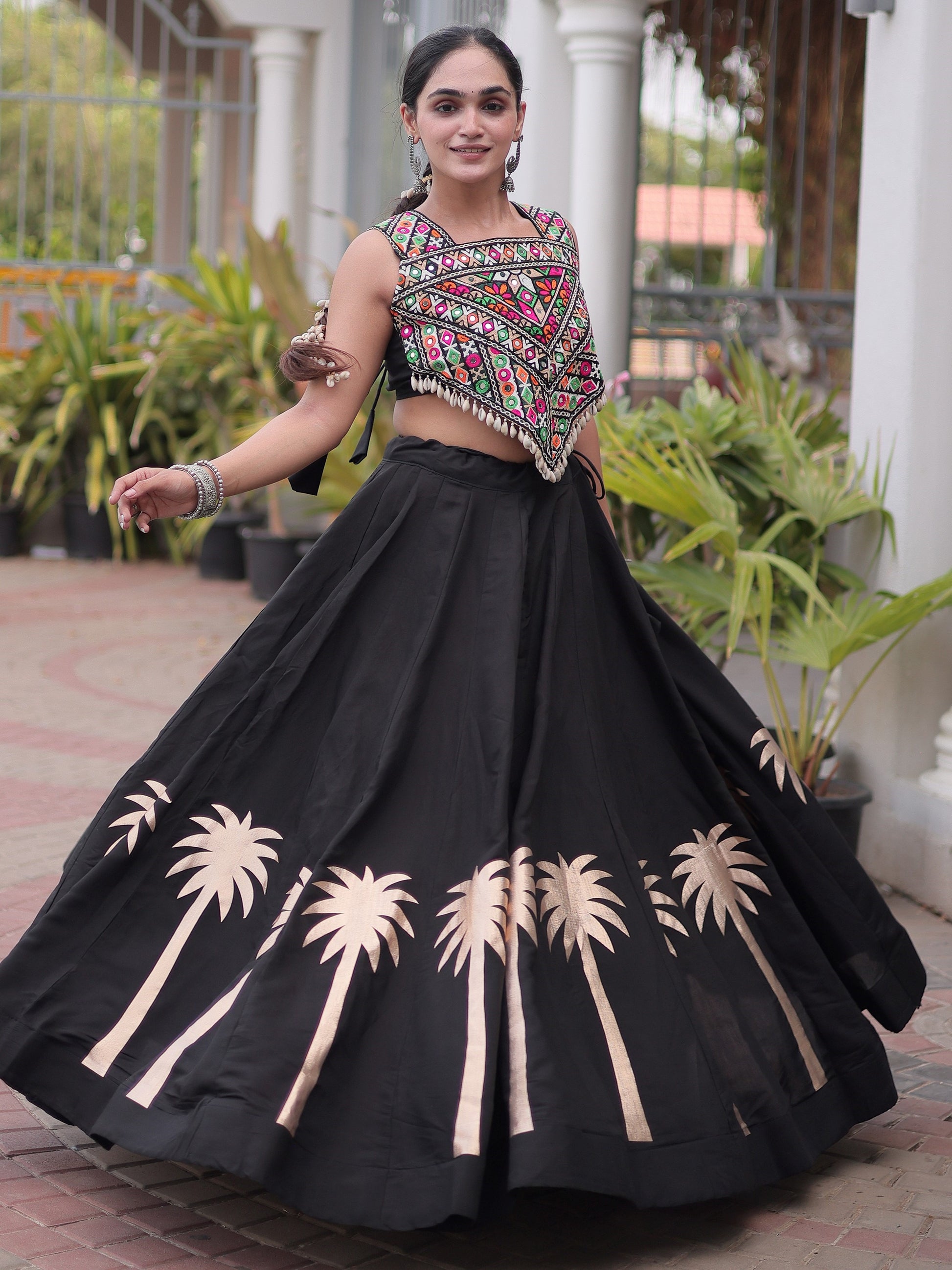 Amazing Black Gamthi Work Silk Navratri Wear Lehenga Choli