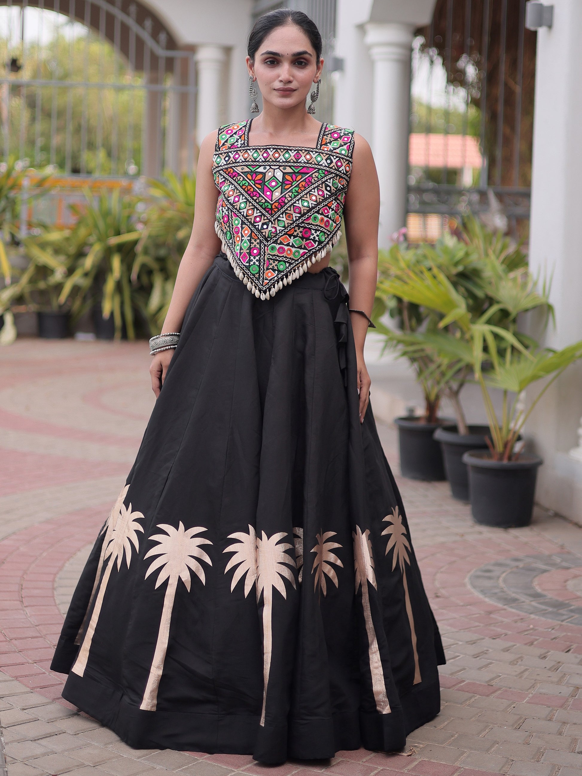 Amazing Black Gamthi Work Silk Navratri Wear Lehenga Choli