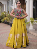 Charming Mustard Embroidery Work Silk Navratri Wear Lehenga Choli