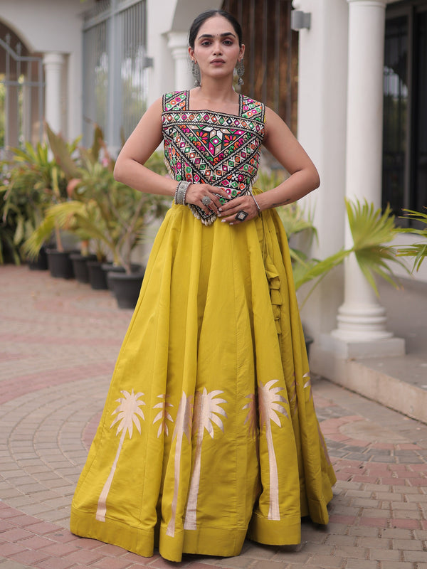 Charming Mustard Embroidery Work Silk Navratri Wear Lehenga Choli