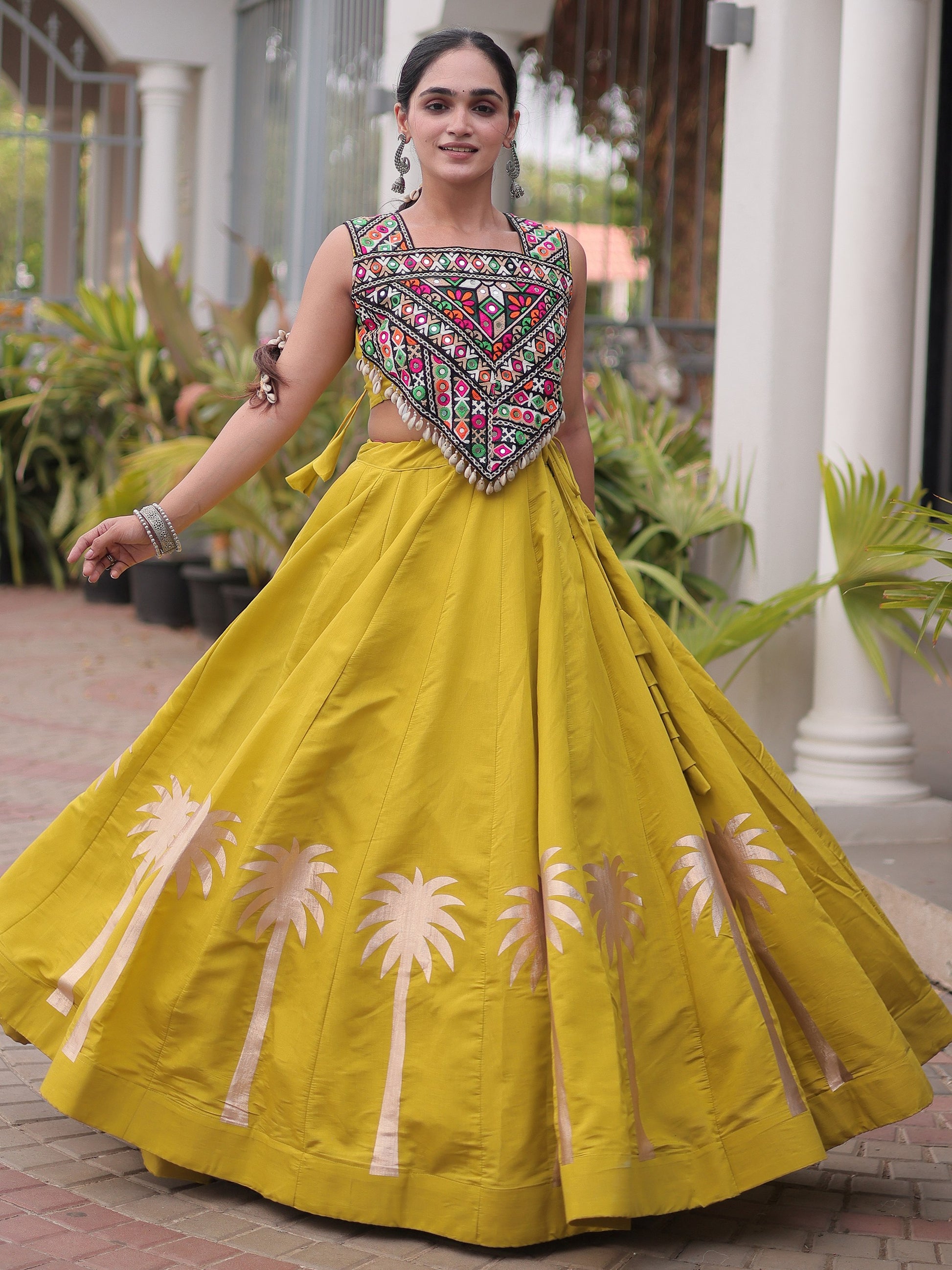 Charming Mustard Embroidery Work Silk Navratri Wear Lehenga Choli