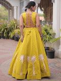 Charming Mustard Embroidery Work Silk Navratri Wear Lehenga Choli