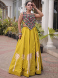 Charming Mustard Embroidery Work Silk Navratri Wear Lehenga Choli