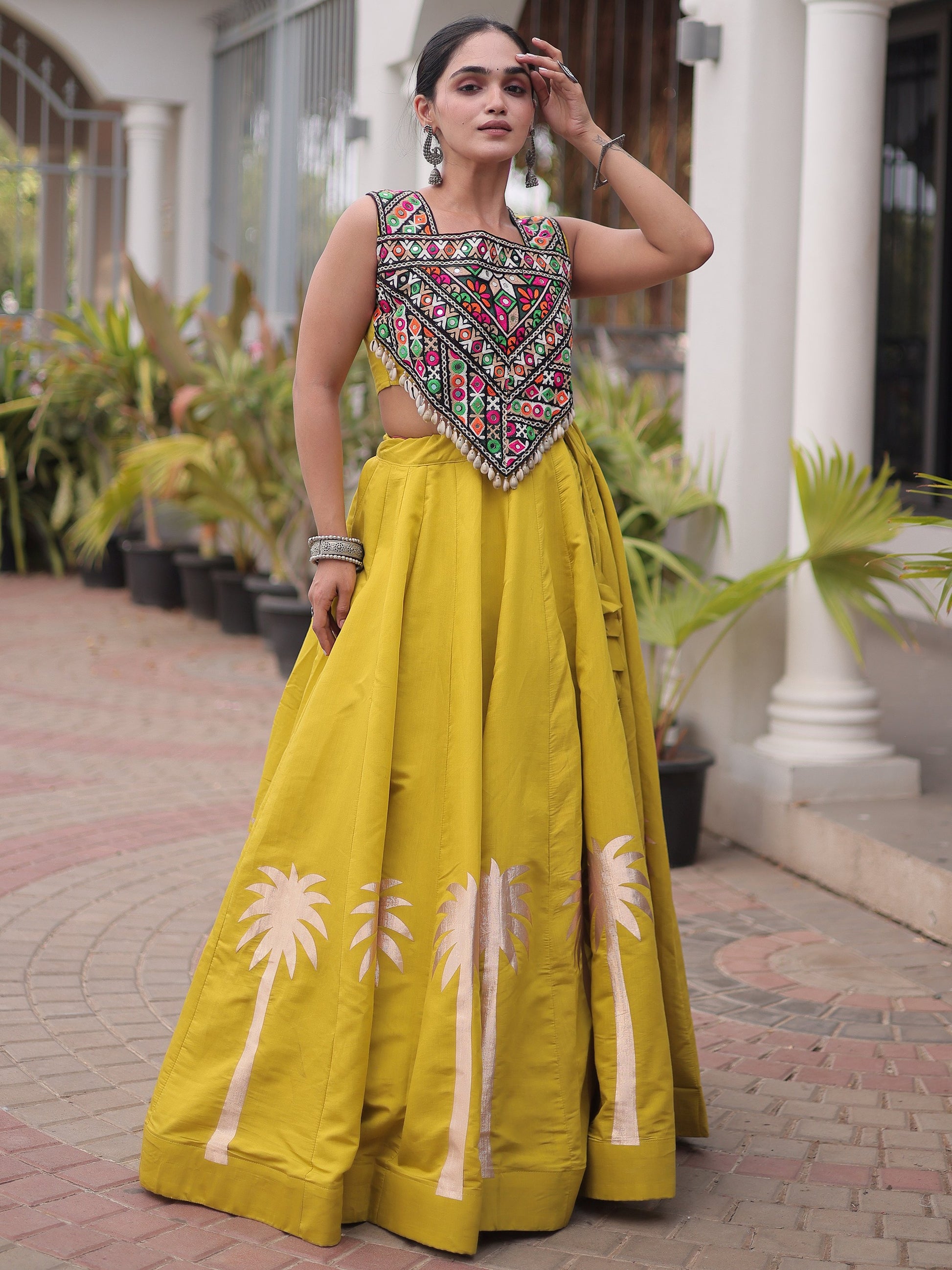 Charming Mustard Embroidery Work Silk Navratri Wear Lehenga Choli