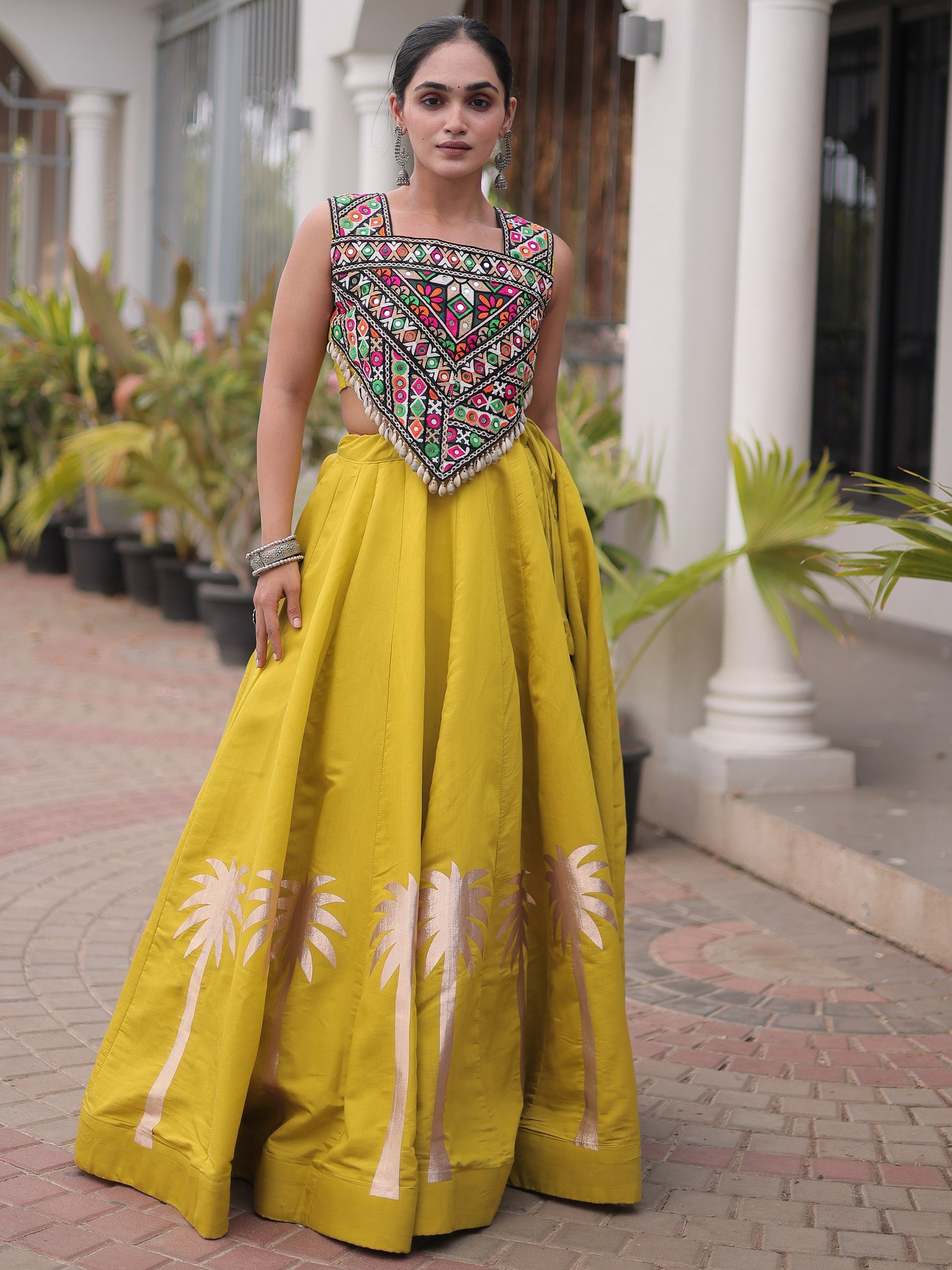 Charming Mustard Embroidery Work Silk Navratri Wear Lehenga Choli