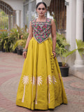 Charming Mustard Embroidery Work Silk Navratri Wear Lehenga Choli