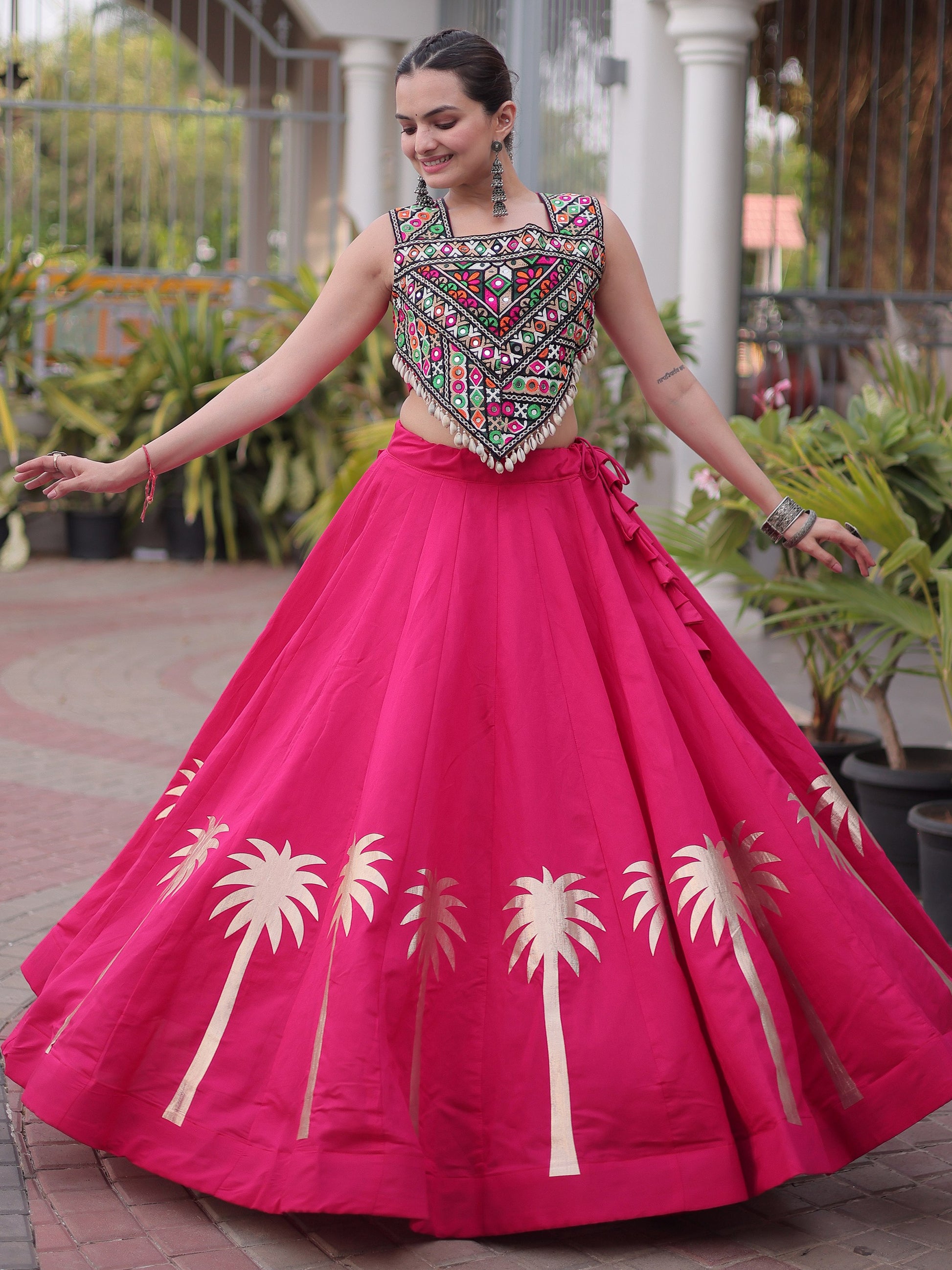 Glamorous Pink Kutchi Work Silk Navratri Wear Lehenga Choli