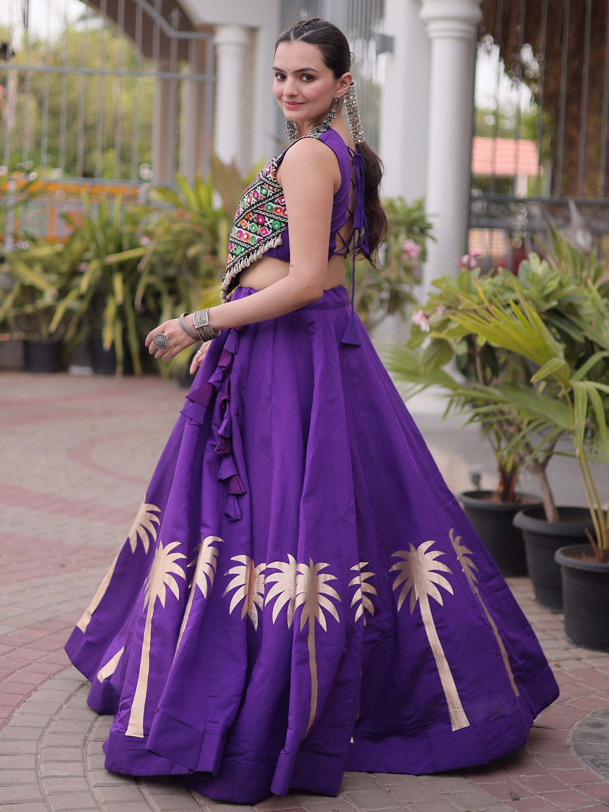 Pretty Purple Kutchi Work Silk Navratri Wear Lehenga Choli