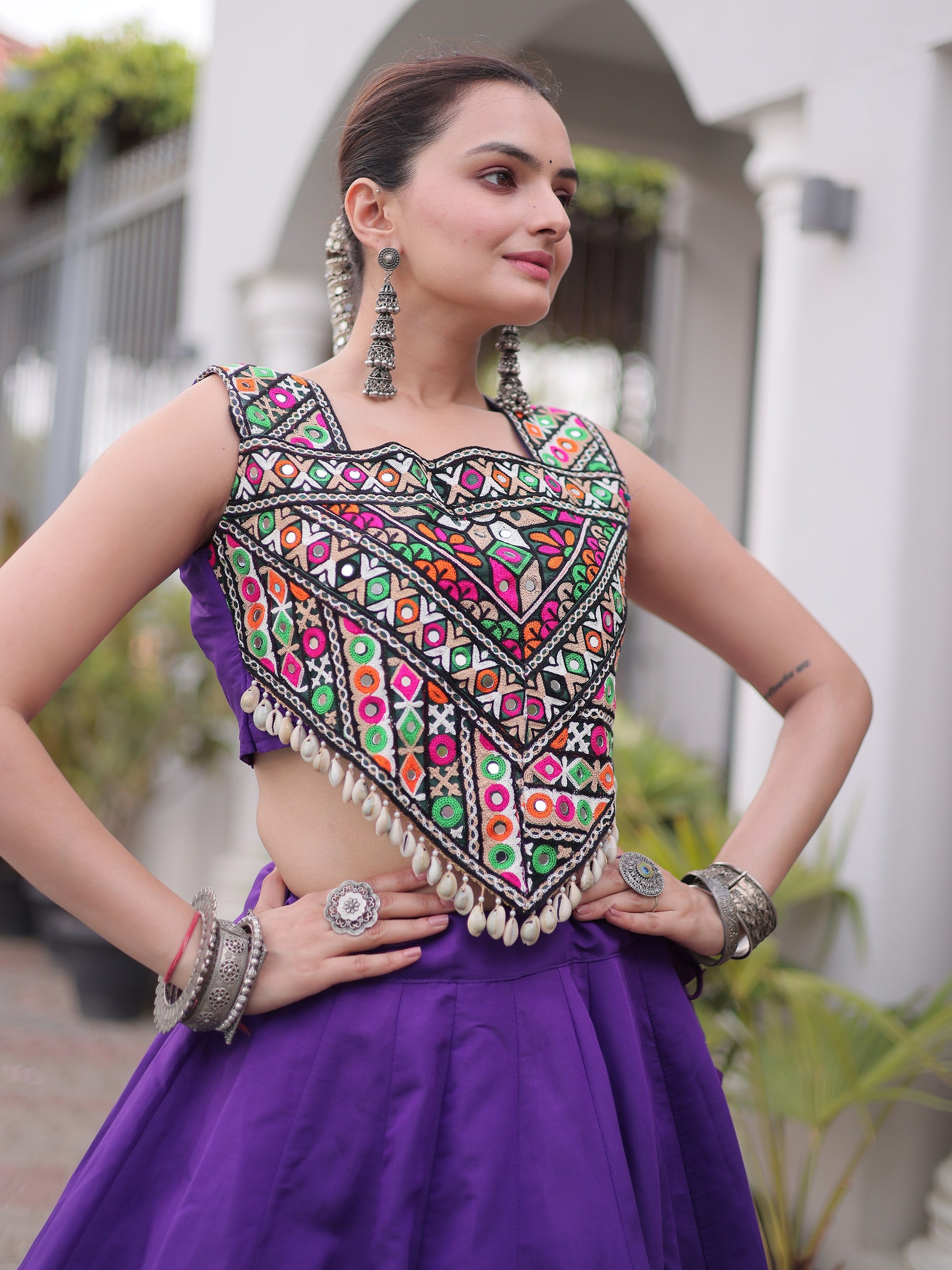 Pretty Purple Kutchi Work Silk Navratri Wear Lehenga Choli
