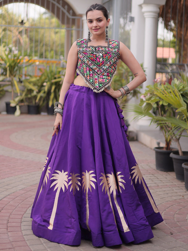 Pretty Purple Kutchi Work Silk Navratri Wear Lehenga Choli