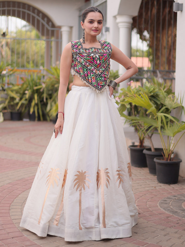 Sparkling White Gamthi Work Silk Navratri Wear Lehenga Choli