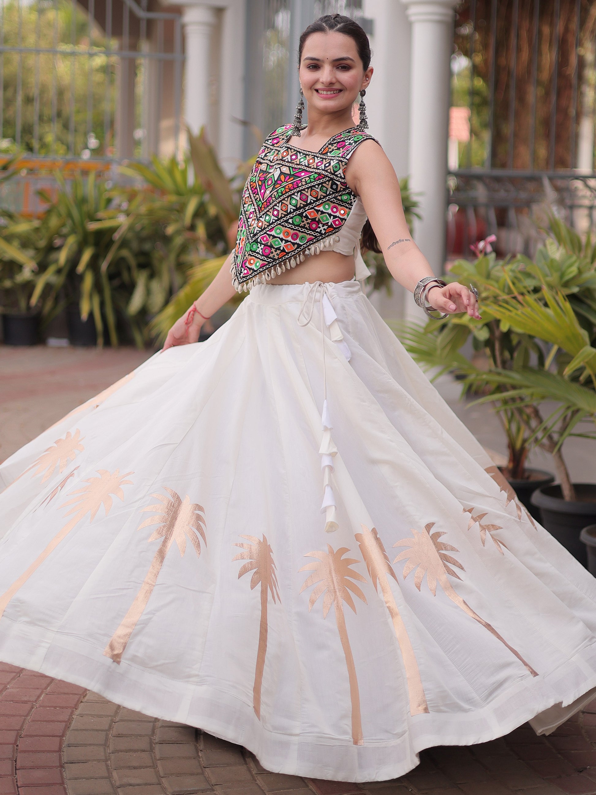 Sparkling White Gamthi Work Silk Navratri Wear Lehenga Choli