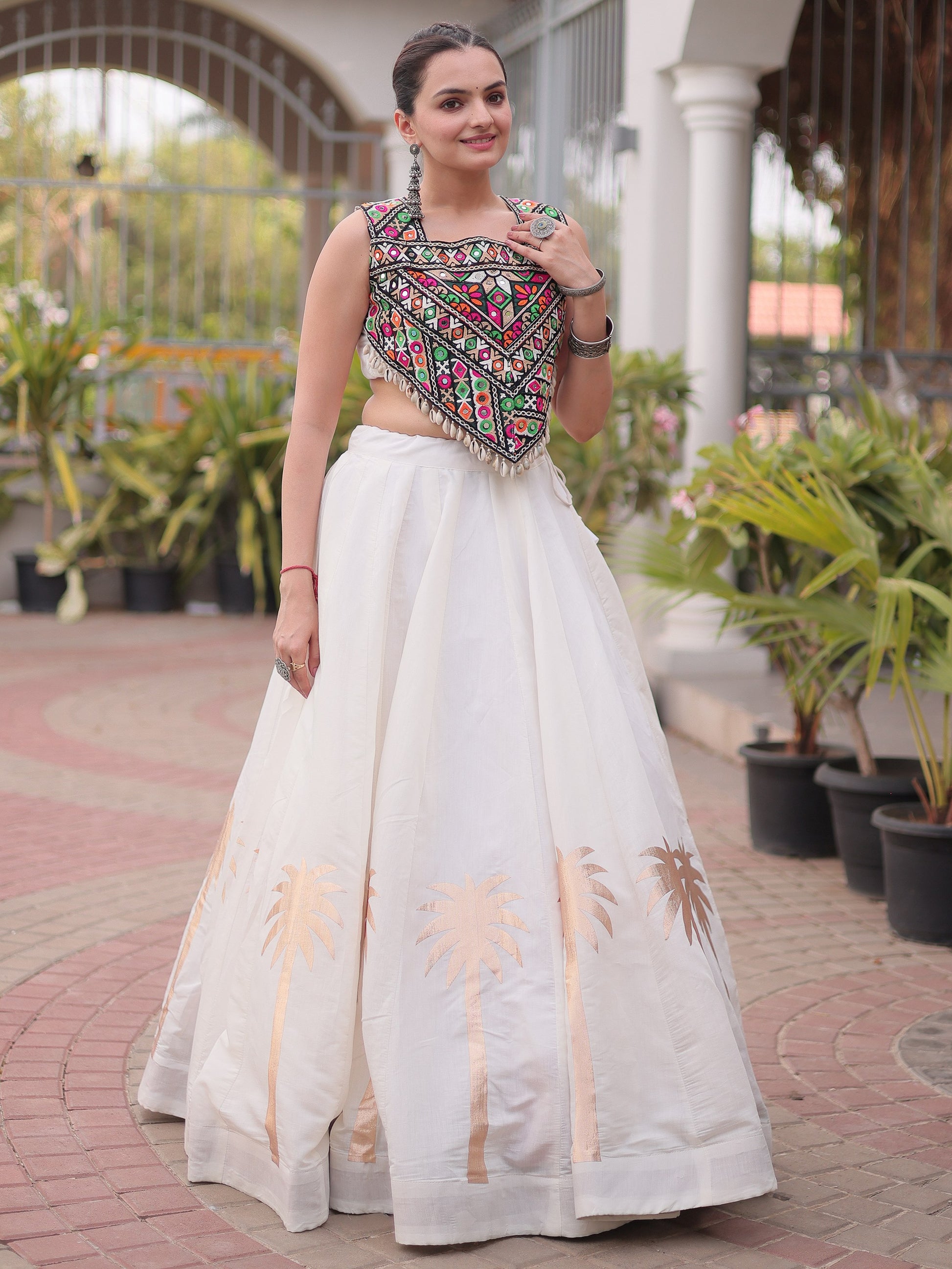 Sparkling White Gamthi Work Silk Navratri Wear Lehenga Choli