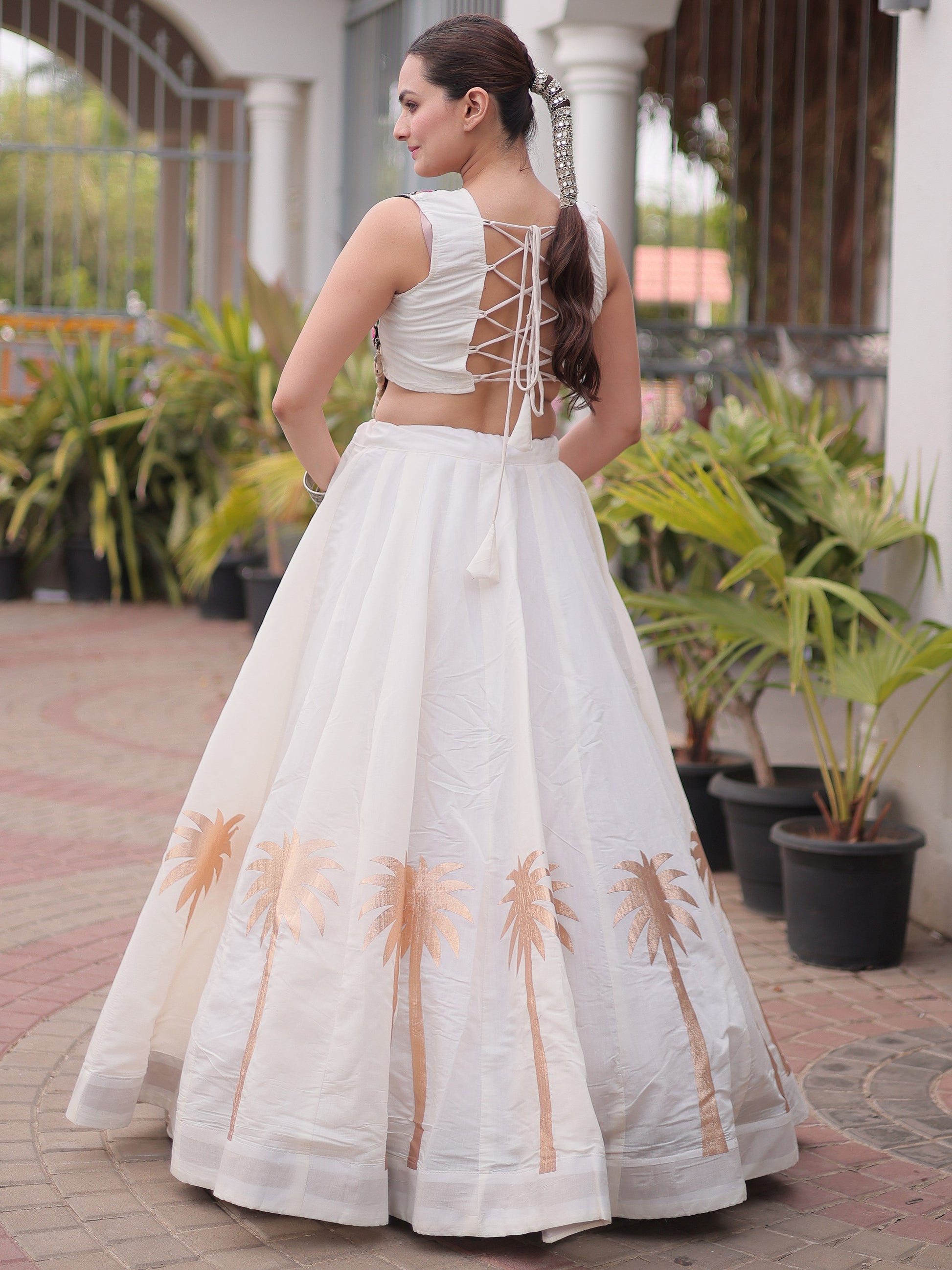 Sparkling White Gamthi Work Silk Navratri Wear Lehenga Choli