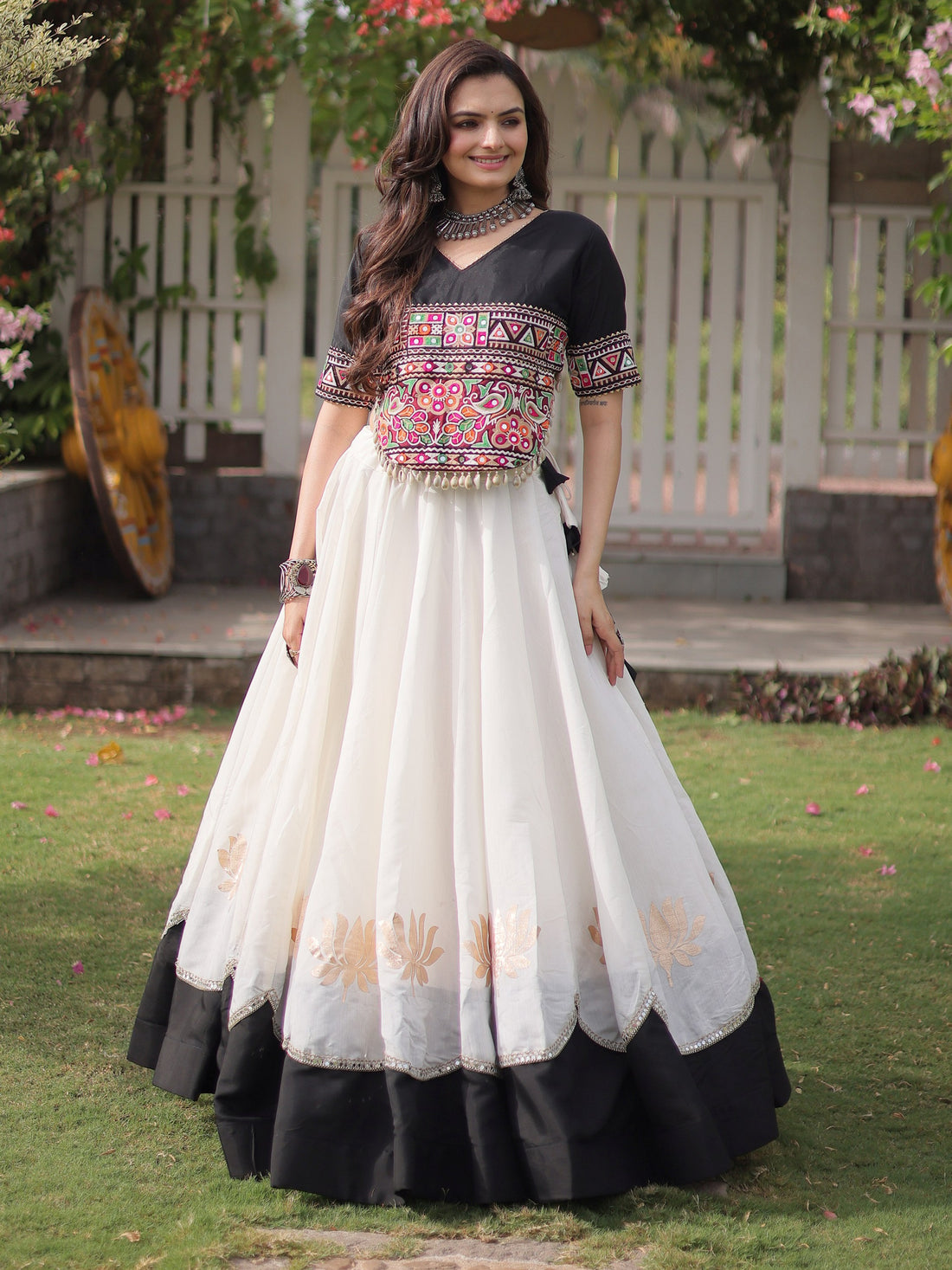 Dazzling White Kutchi Work Silk Navratri Wear Lehenga Choli