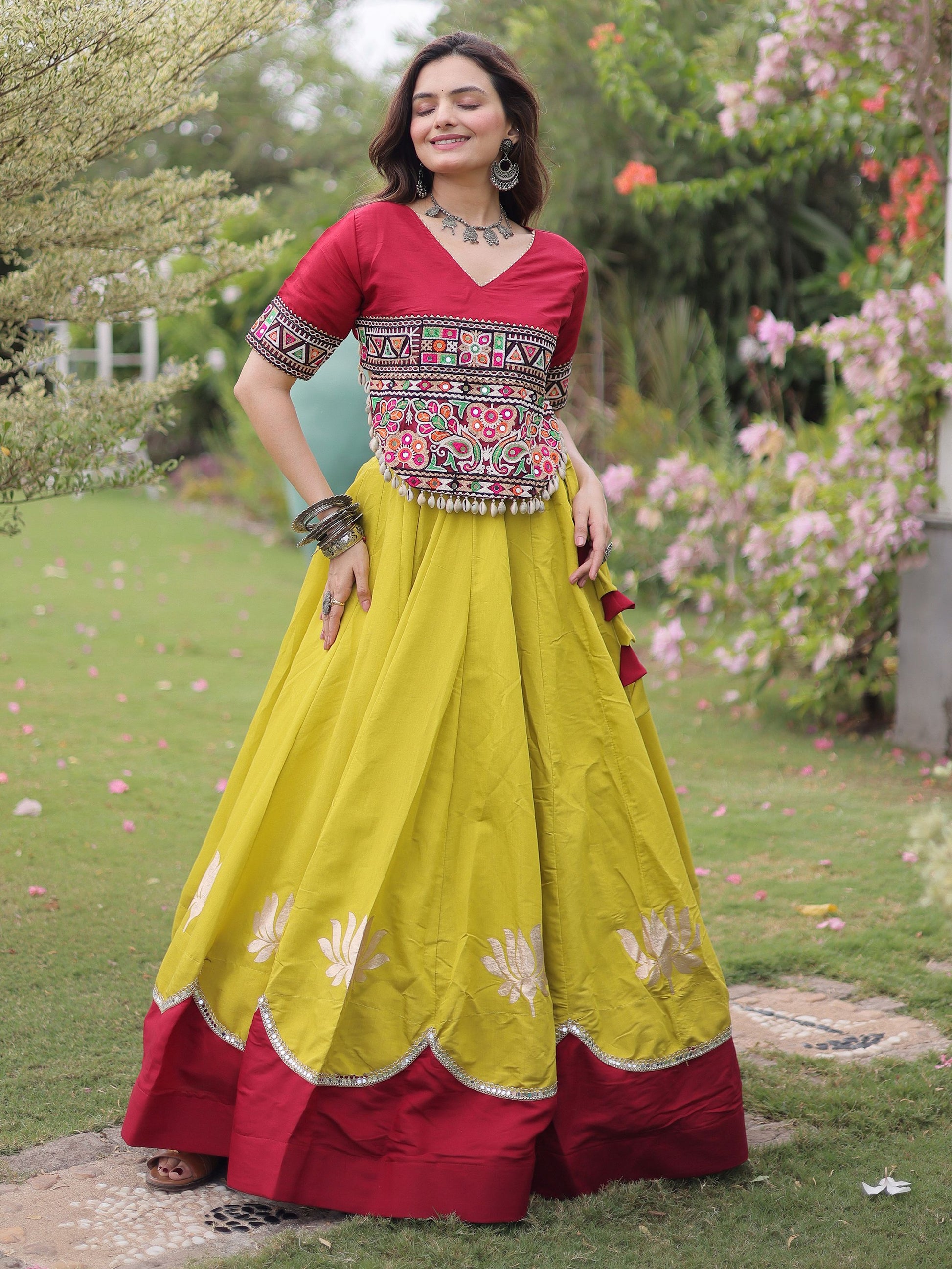 Enchanting Yellow Gamthi Work Silk Navratri Wear Lehenga Choli