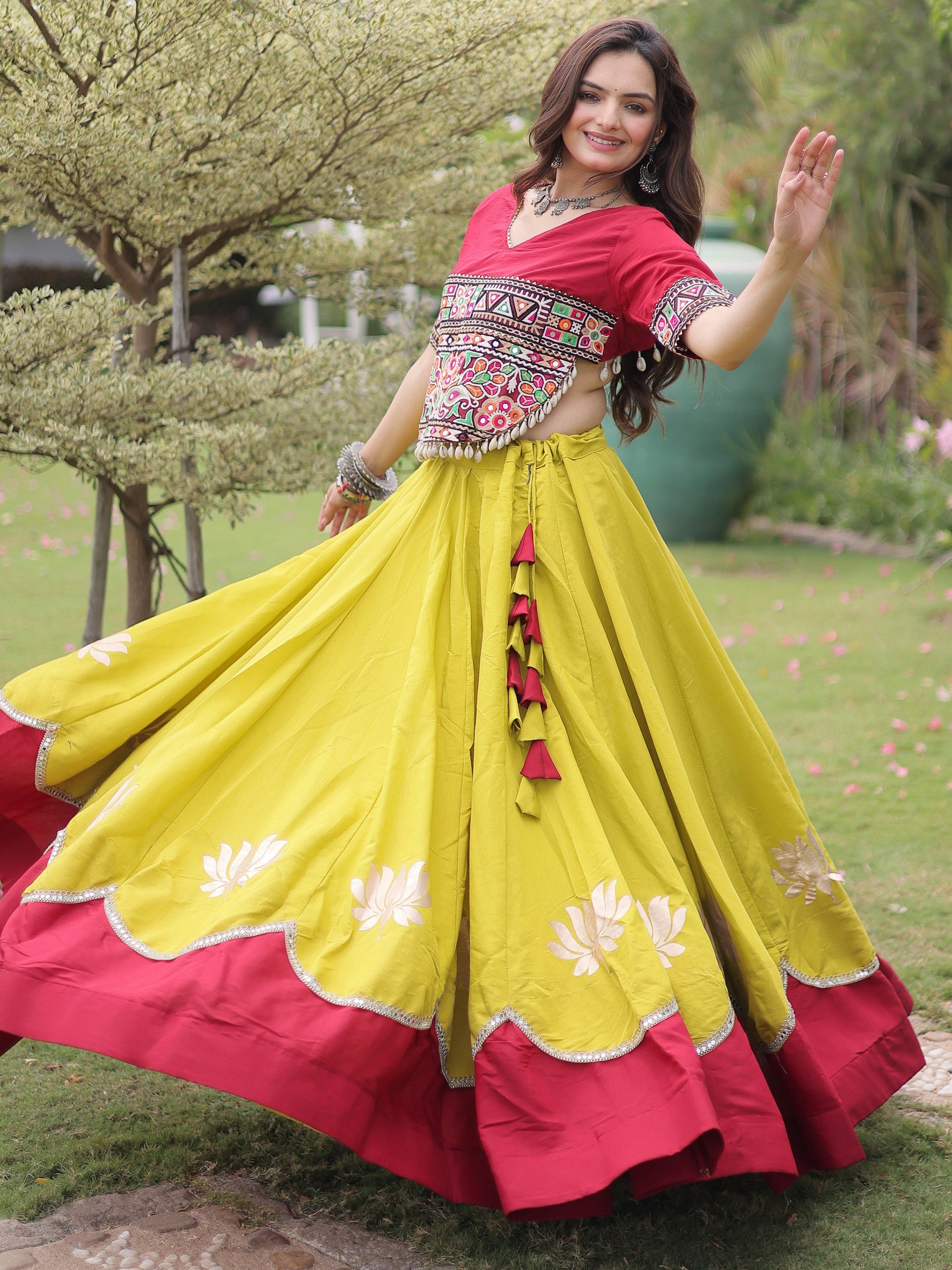 Enchanting Yellow Gamthi Work Silk Navratri Wear Lehenga Choli