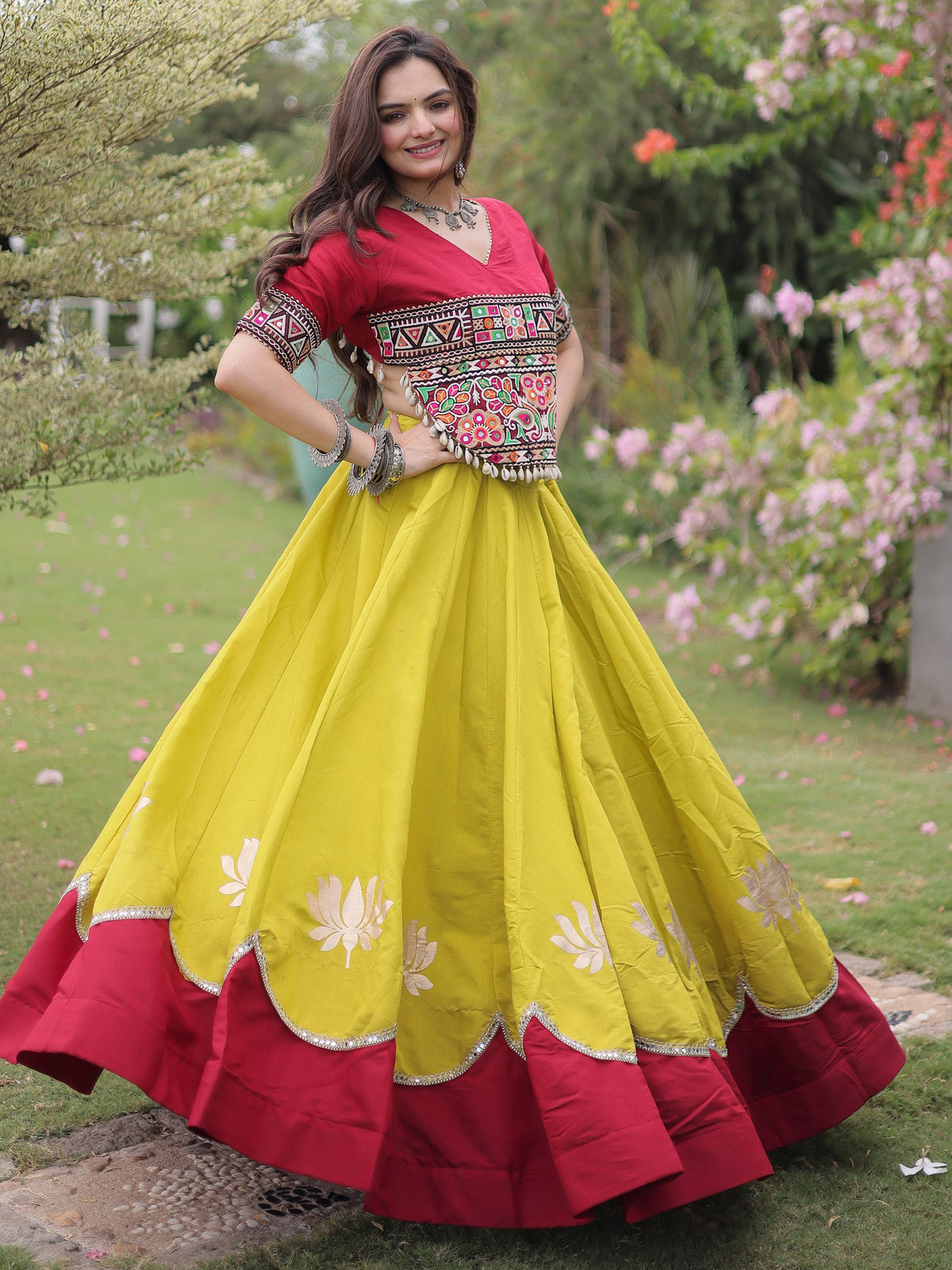 Enchanting Yellow Gamthi Work Silk Navratri Wear Lehenga Choli