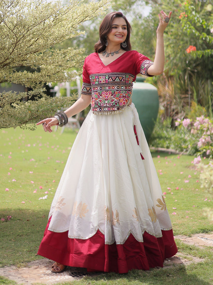 Exquisite White Gamthi Work Silk Navratri Wear Lehenga Choli