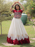 Exquisite White Gamthi Work Silk Navratri Wear Lehenga Choli