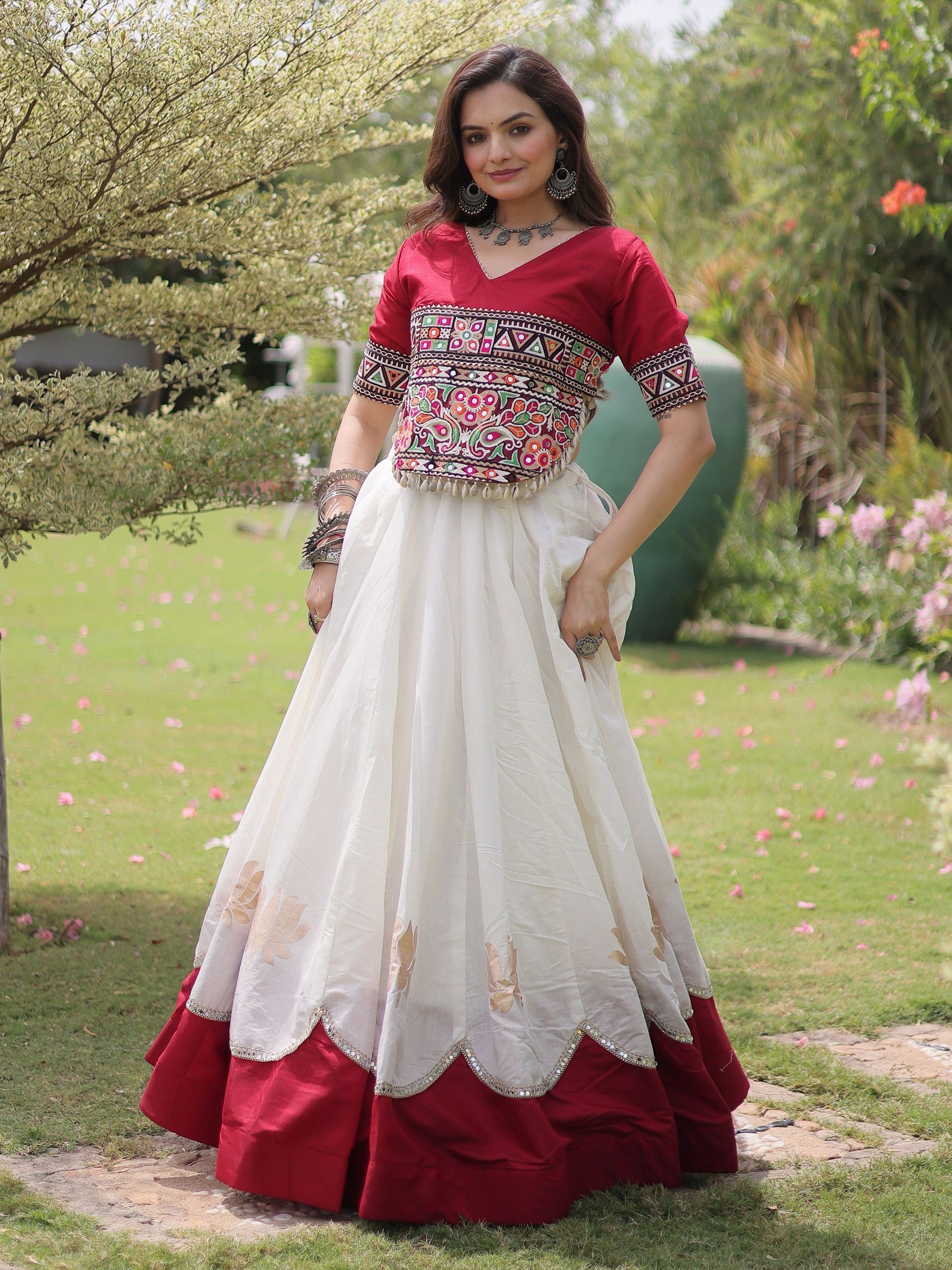 Exquisite White Gamthi Work Silk Navratri Wear Lehenga Choli