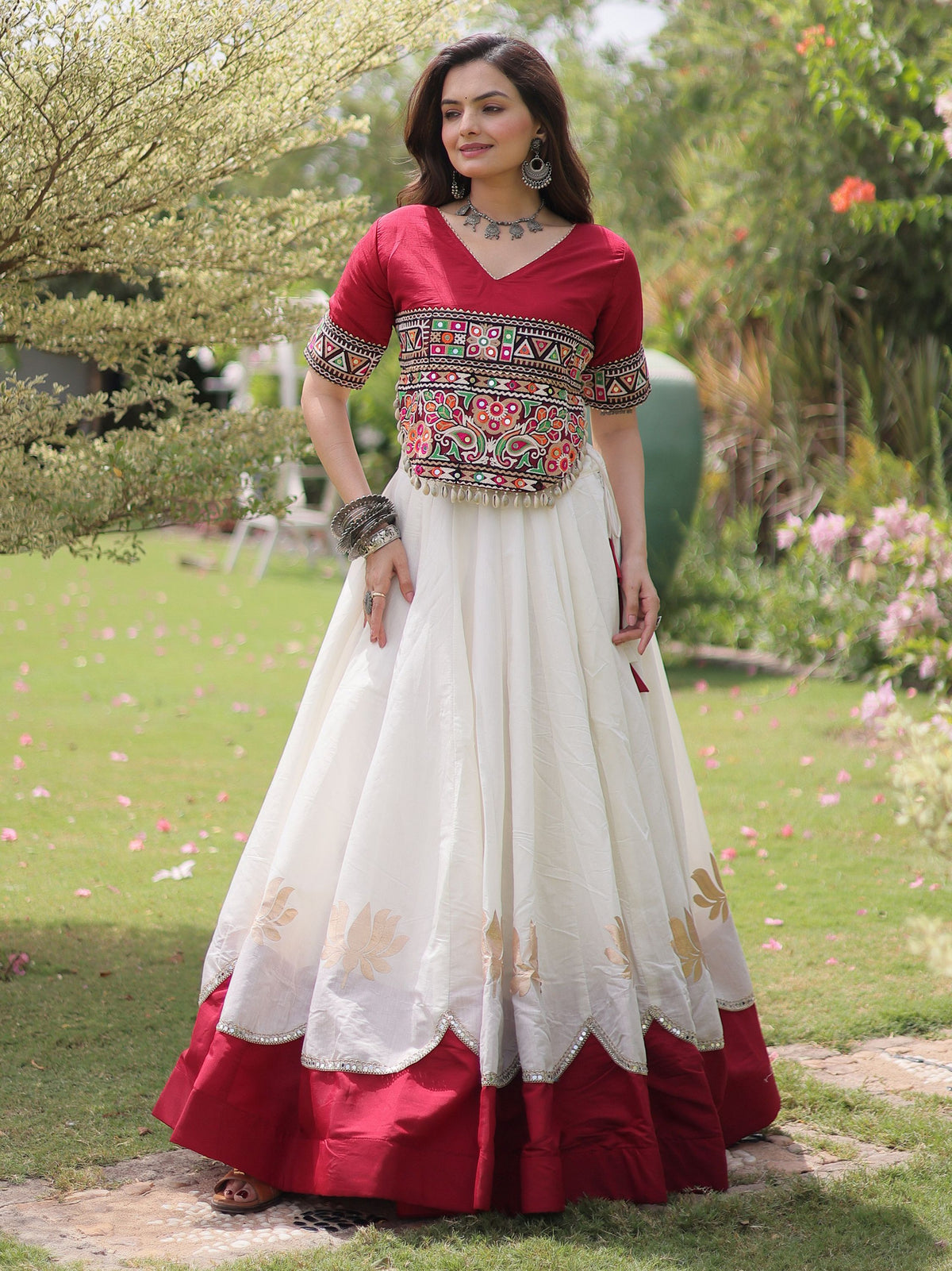 Exquisite White Gamthi Work Silk Navratri Wear Lehenga Choli