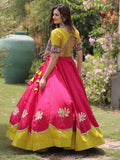 Notable Pink Mirror Lace Work Silk Navratri Wear Lehenga Choli