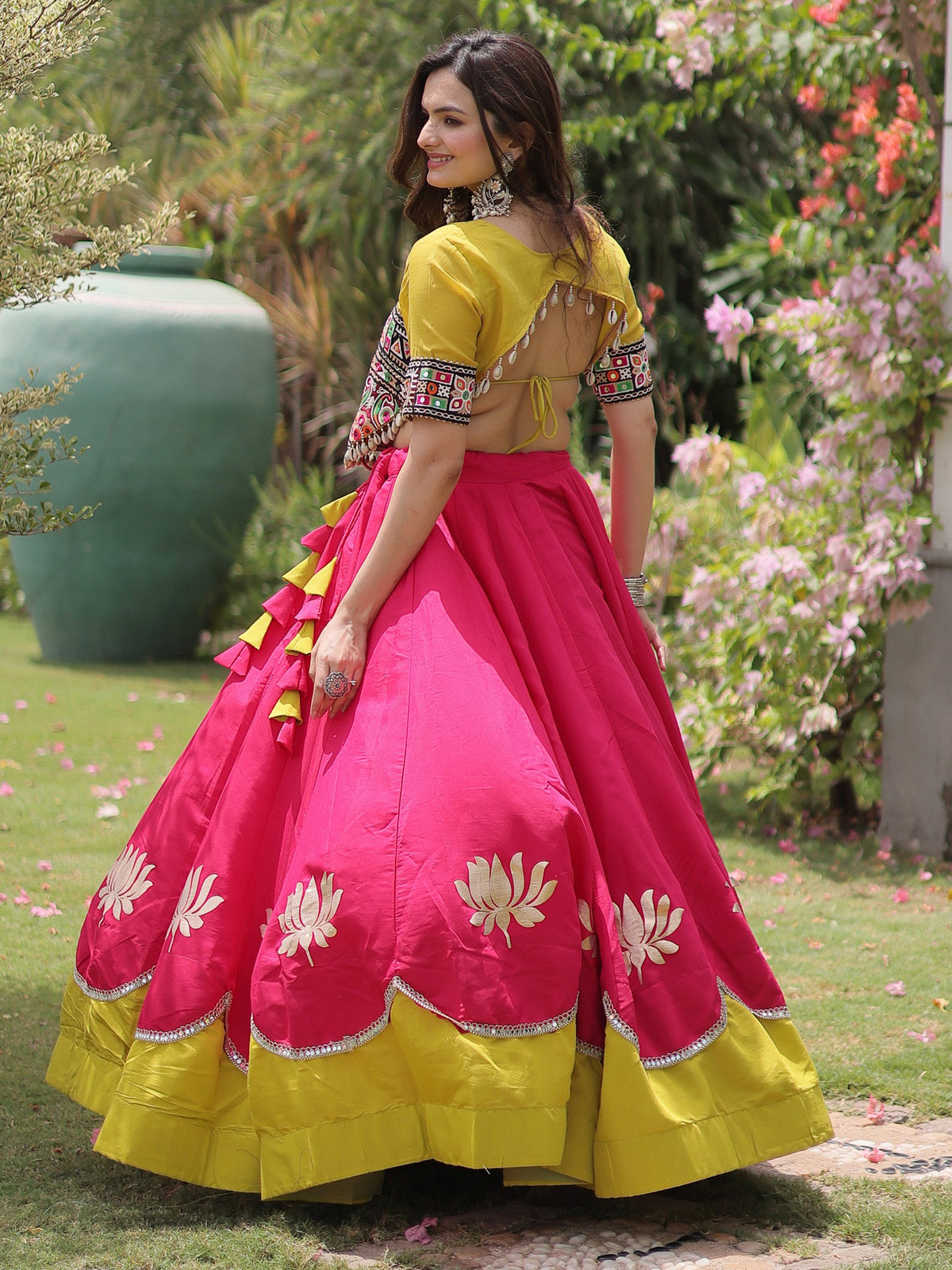 Notable Pink Mirror Lace Work Silk Navratri Wear Lehenga Choli
