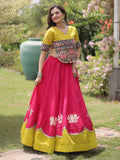 Notable Pink Mirror Lace Work Silk Navratri Wear Lehenga Choli