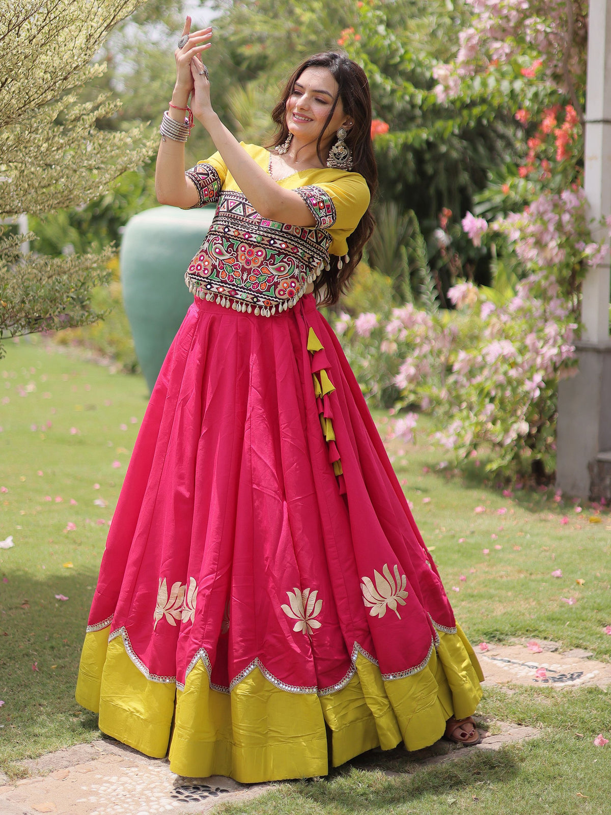 Notable Pink Mirror Lace Work Silk Navratri Wear Lehenga Choli