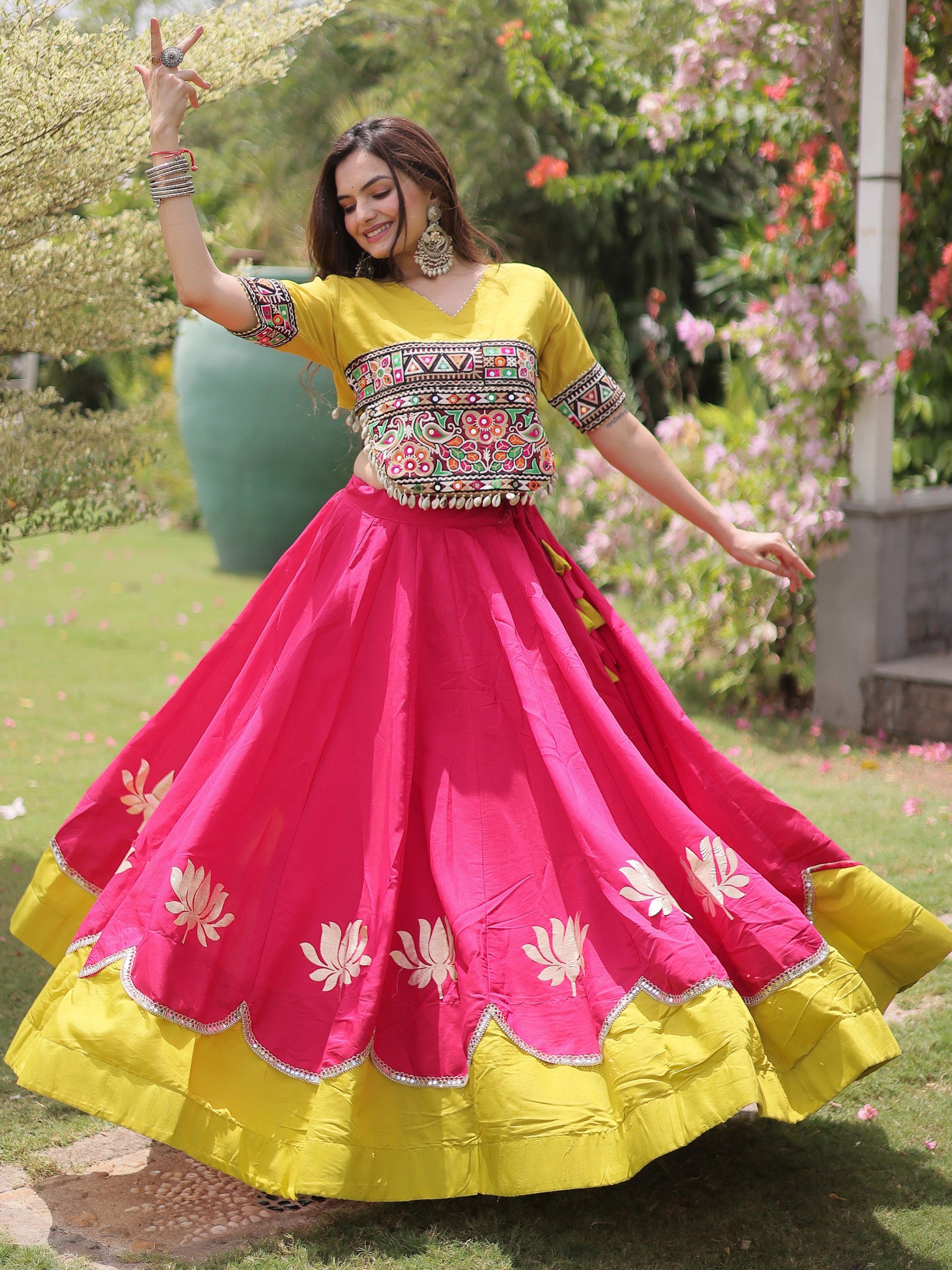 Notable Pink Mirror Lace Work Silk Navratri Wear Lehenga Choli