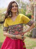 Notable Pink Mirror Lace Work Silk Navratri Wear Lehenga Choli