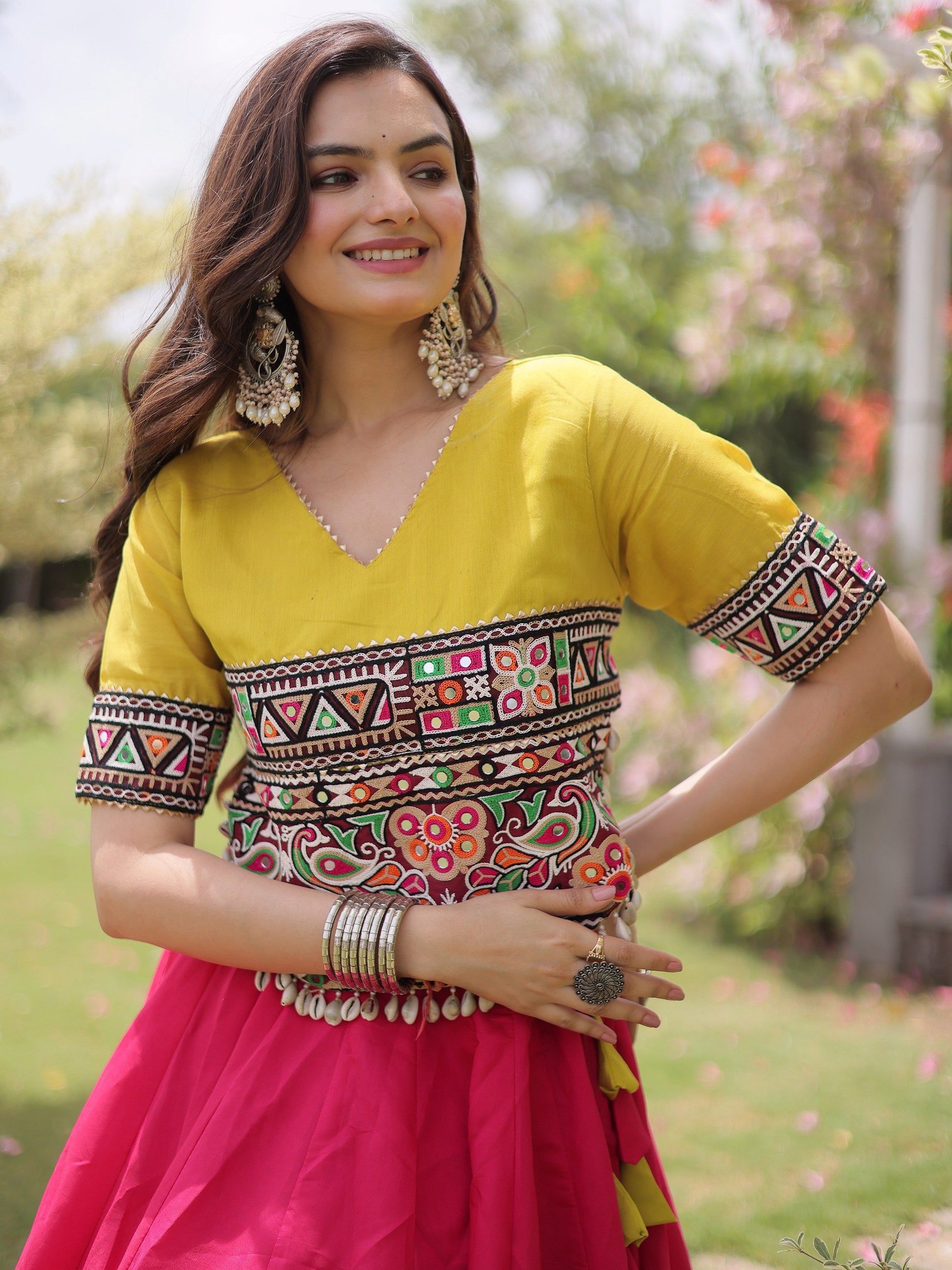 Notable Pink Mirror Lace Work Silk Navratri Wear Lehenga Choli