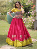Notable Pink Mirror Lace Work Silk Navratri Wear Lehenga Choli